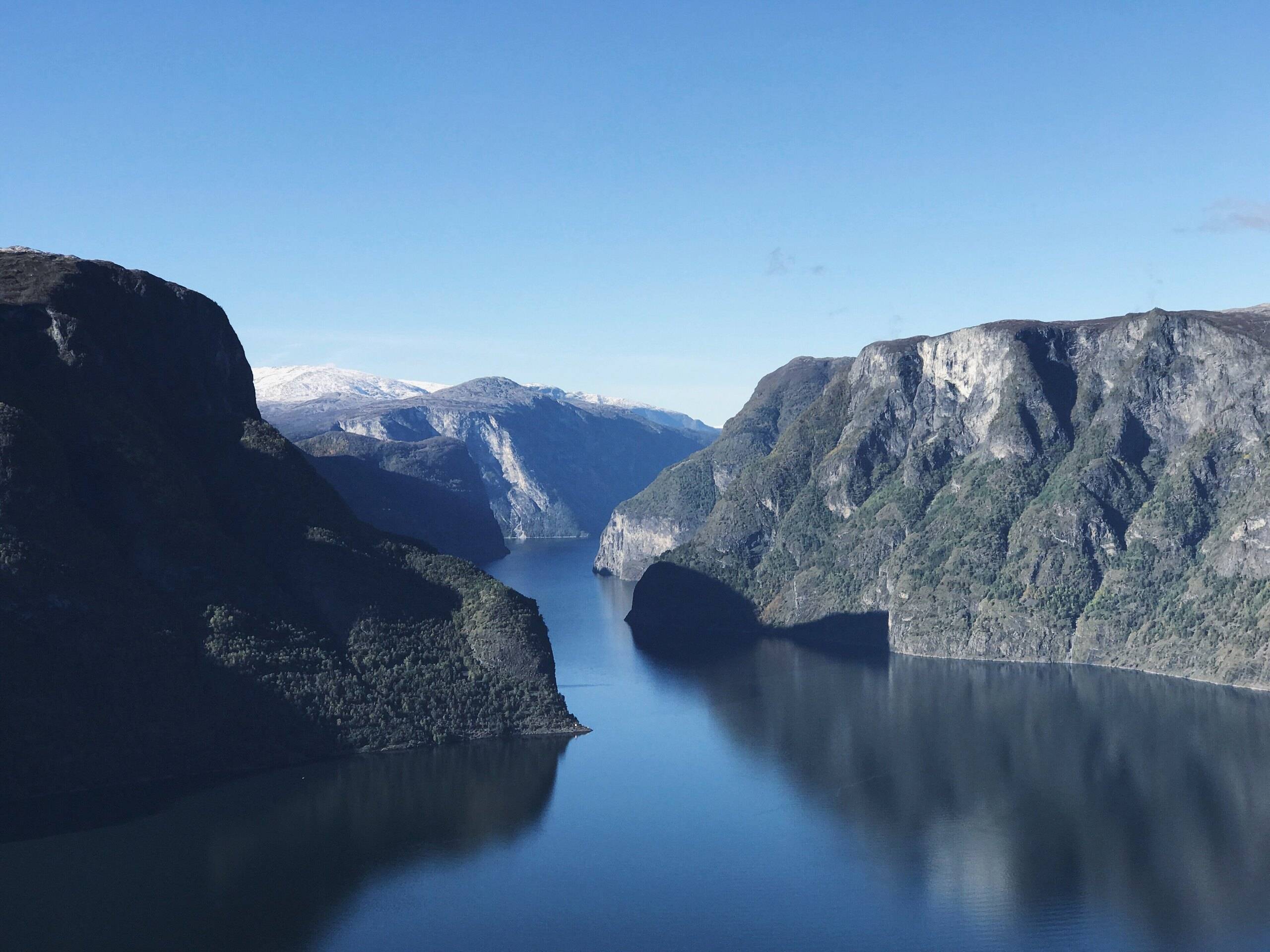 The deep blue Aurlandsfjord seen from high above on a sunny day