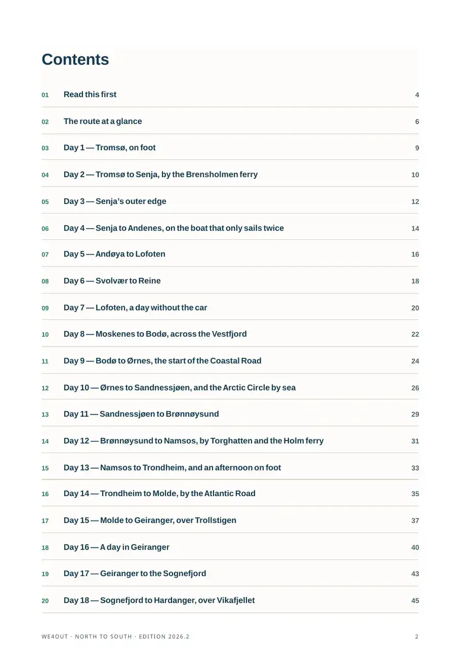 Contents page of “Norway north to south in 21 days”