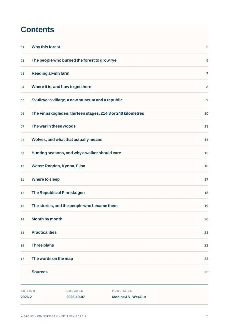 Contents page of “Finnskogen — the forest with its own republic”