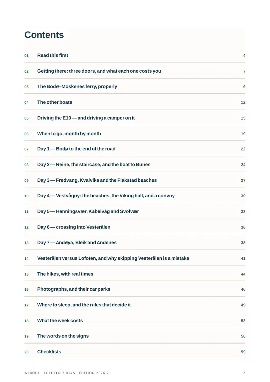 Contents page of “Lofoten & Vesterålen in 7 days”