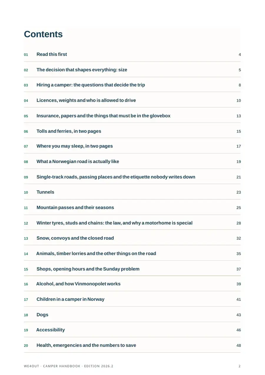 Contents page of “The Norway camper handbook”